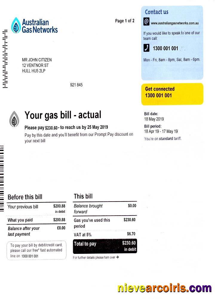 Australia Gas utility bill